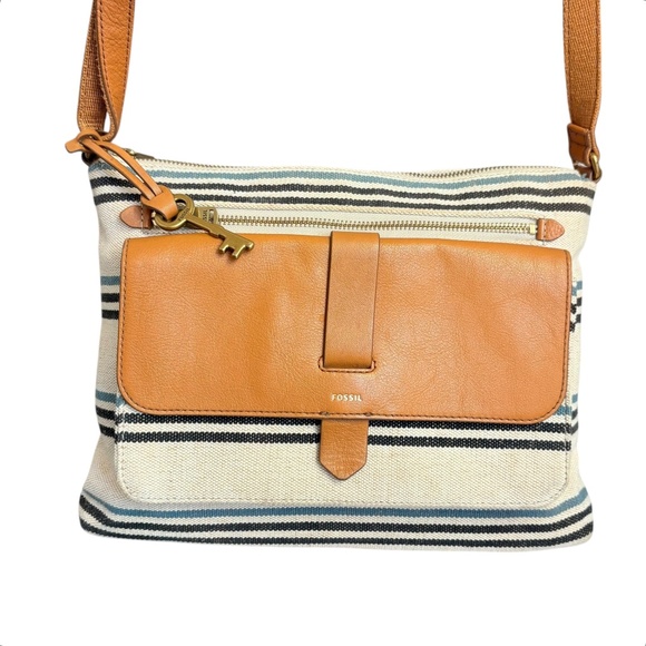 Fossil Kinley striped cotton & leather crossbody messenger bag - Picture 1 of 15